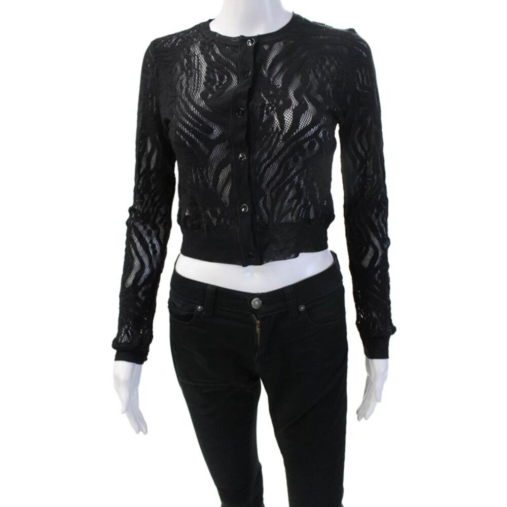 Fuzzi Women Cropped Button-Up Sweater Black Polyester Crew Neck Size XS